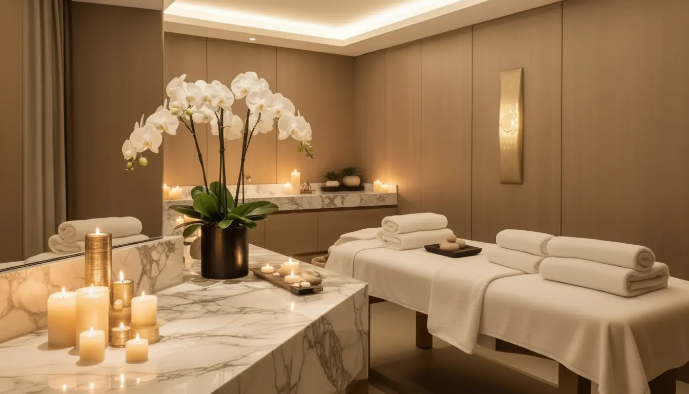 A calm spa interior with linen-draped massage tables, marble surfaces, candles, and white orchids.