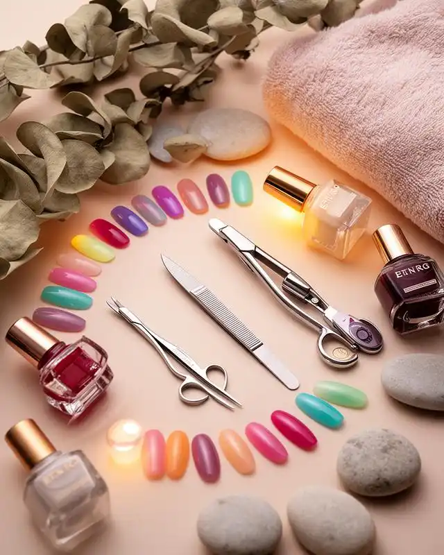 Manicure tools and polish colours at the nail bar of Care Healing Hands, a spa in Westlake, Ohio