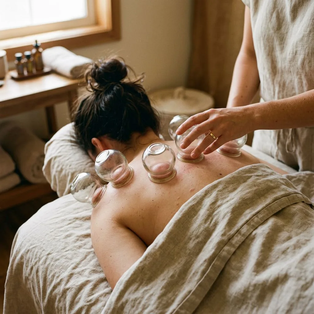 Glass cupping cups placed along a client's upper back during a dry cupping therapy session in Westlake, Ohio.
