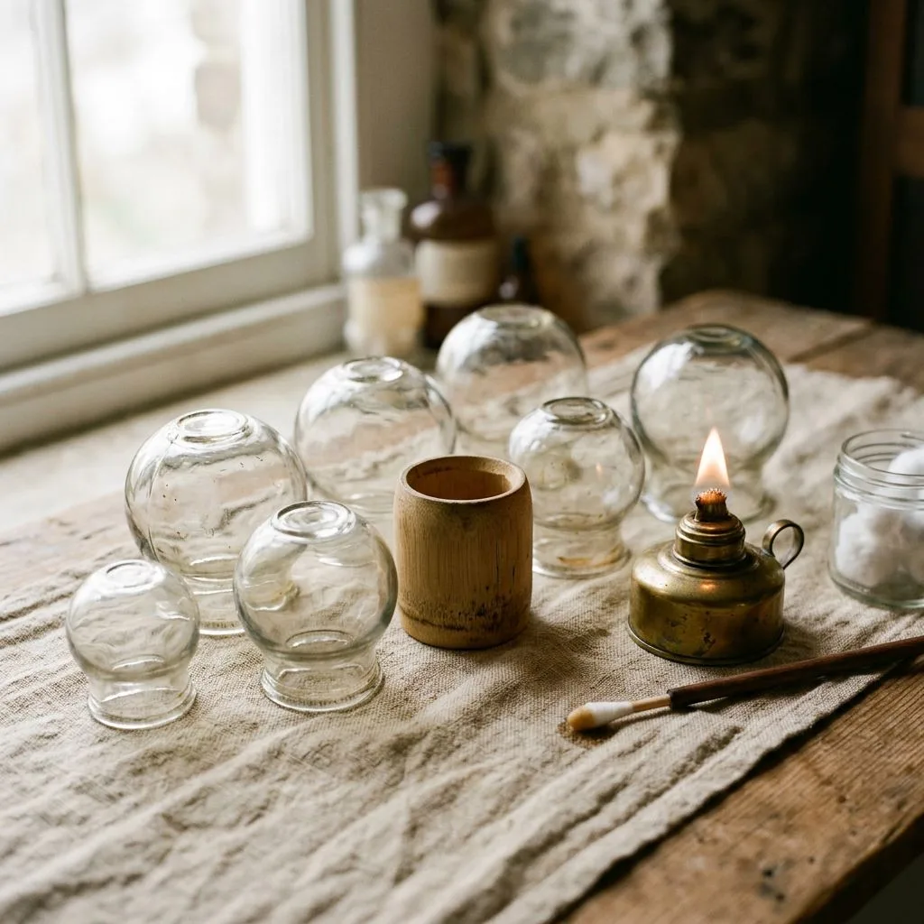 Glass cupping cups and a flame lamp set out for dry cupping at Care Healing Hands, Westlake.