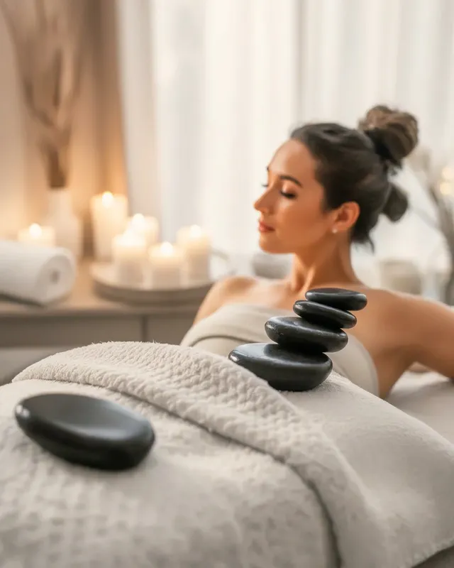 A warm massage treatment room prepared for a couples massage with two therapists in Westlake, Ohio.